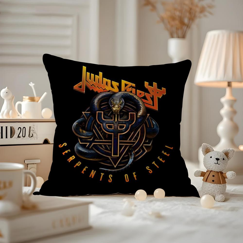 J-Judas P-Priest Cushion Cover Anti-dustmite Pillowcase Invisible Zipper Silky Short Plush Sofa Cushion Cover