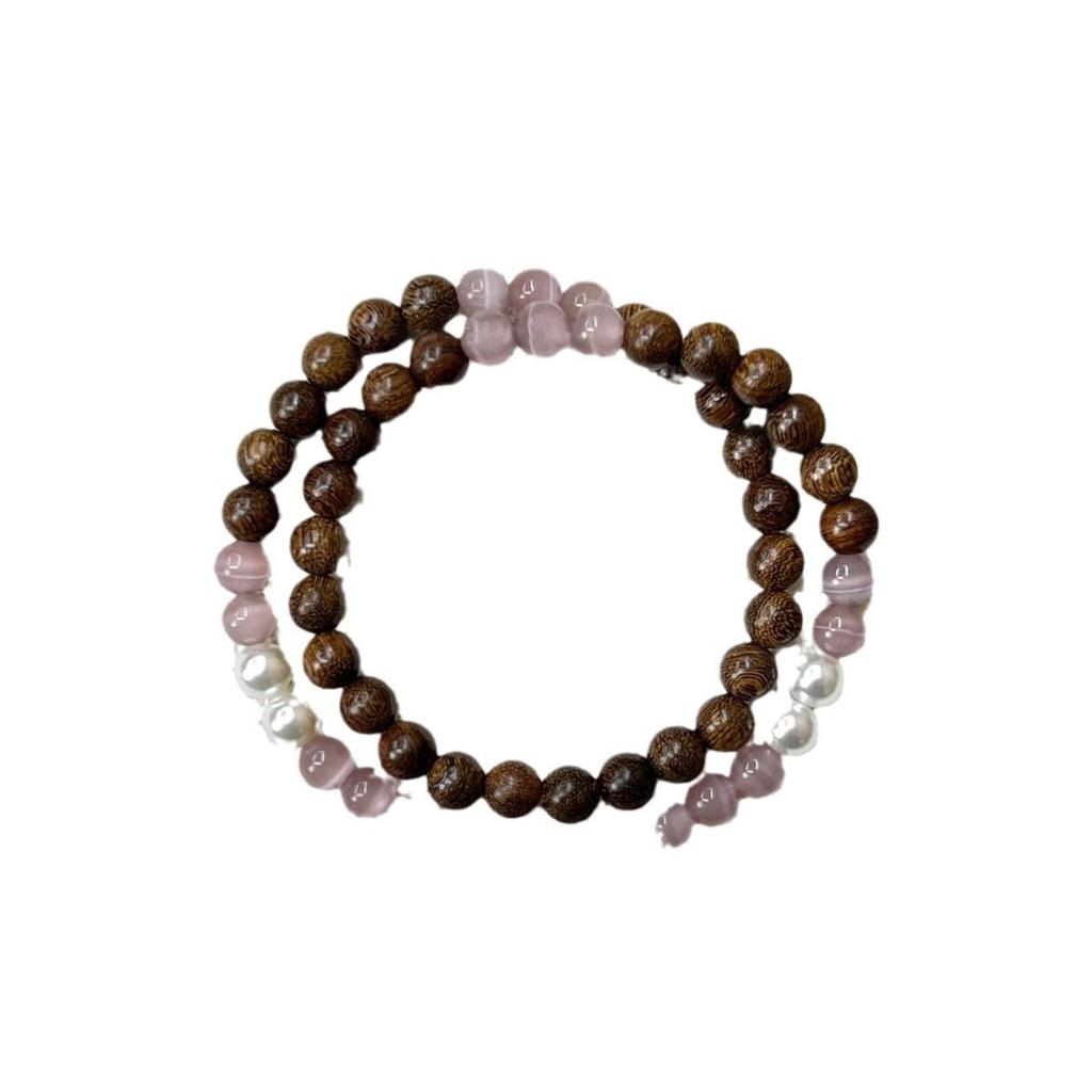 Natural Golden Sandalwood Cat's Eye Stone Double Wrap Bracelet
