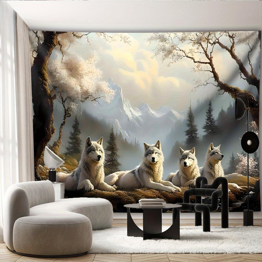 White Wolf Scene Tapestry Cherry Blossom Tree Background Wildlife Decor Wall Hanging for Living Room or Bedroom Decoration