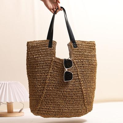 Große handgewebte Sommer-Strandhandtasche, handgefertigte Stroh-Tragetasche, lässige Rattan-gewebte Halbkreis-Clutch mit Henkel für Damen, Reisen, Urlaub