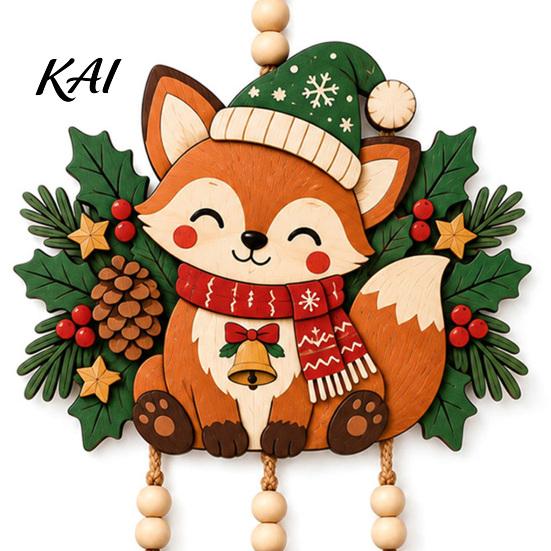 Holiday Party Supplies Christmas Fox Hanging Ornament, Wooden Cute Pendant with Glove Bell Tree Festive Decoration Charms, for Door Mantel Tree,
