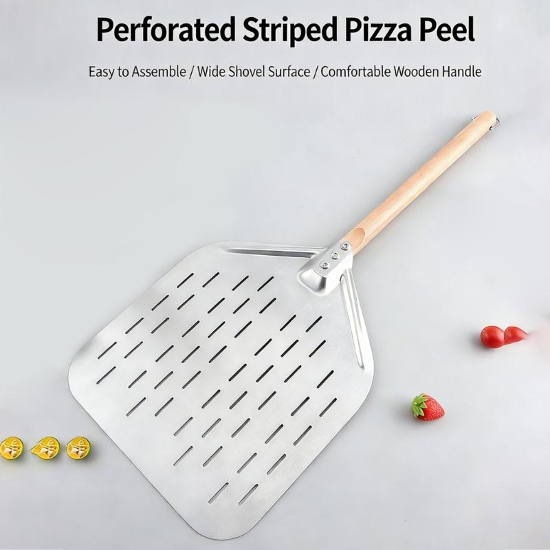 Practical Wood Handle Pizza Shovel 430 Stainless Steel With Large Perforated Pizza Peels For Easy Serving