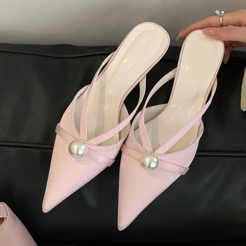 Fashion New 2025 Slip On Footwear Women Heels Pumps Mules Shoes Pointed Toe Fashion String Bead Ladies Medium Heels Shoes Female Slides