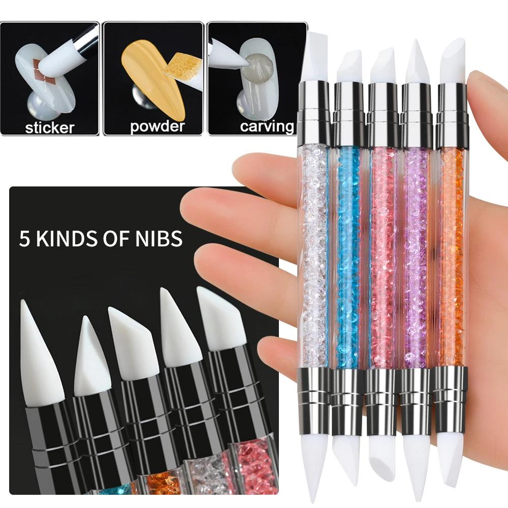 5PCS Dual-Headed Silicone Nail Art Brushes Sculpture Pen Rhinestone Gem Picker Wax Pen Nail Dotting Polishing Drawing Tools