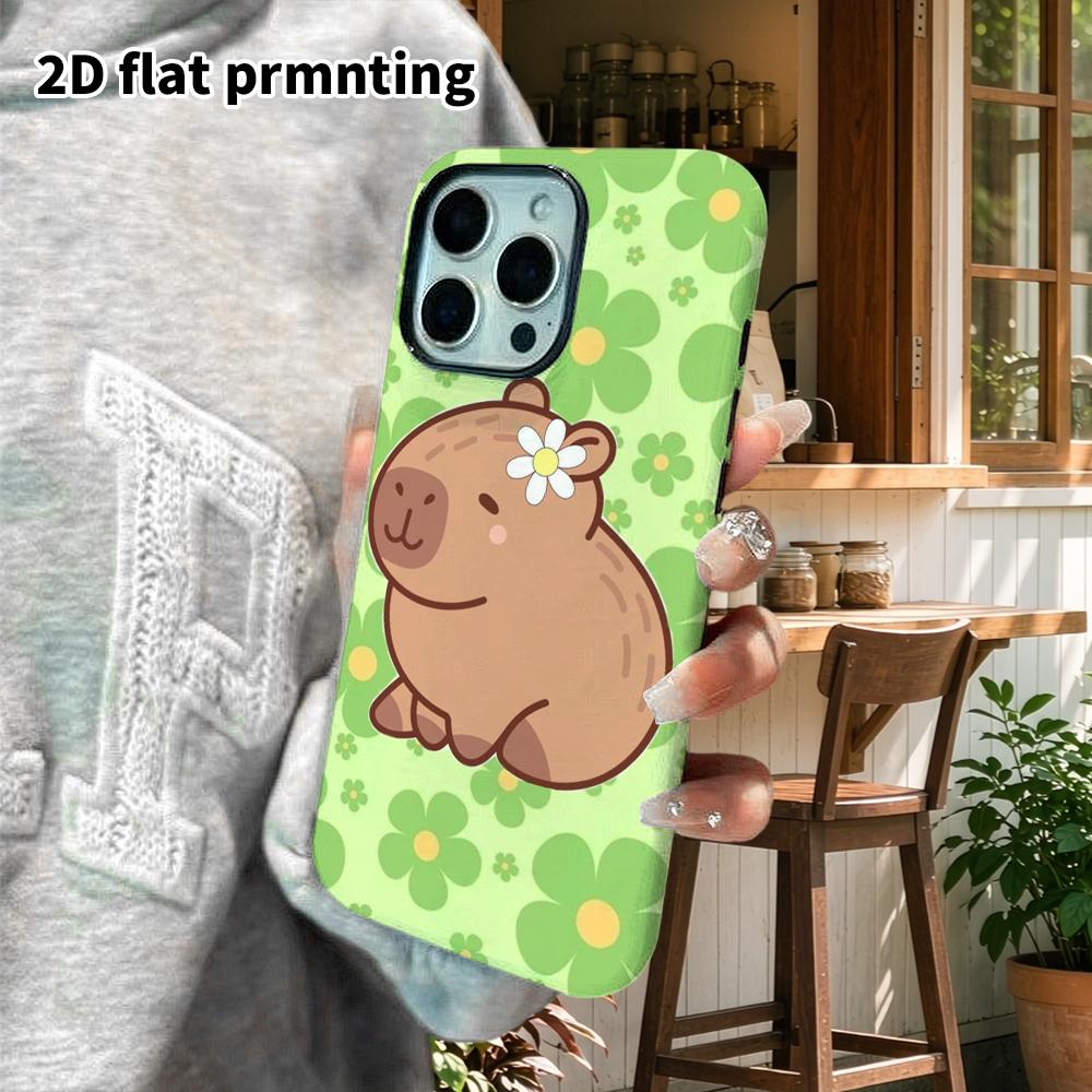 Phone Case: 2D Flat Design Suitable for iPhone 18, 17, 16, 15, 14, 13 Pro Film Protective Case, Couple Style, Little Flower Capybara, Christmas and Ha