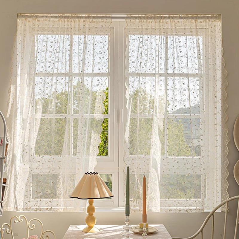Cortinas Pequeñas Bordadas con Flores Estilo Campo Francés, Elegantes y Encantadoras Cortinas de Encaje Vintage para Sala de Estar, Cocina