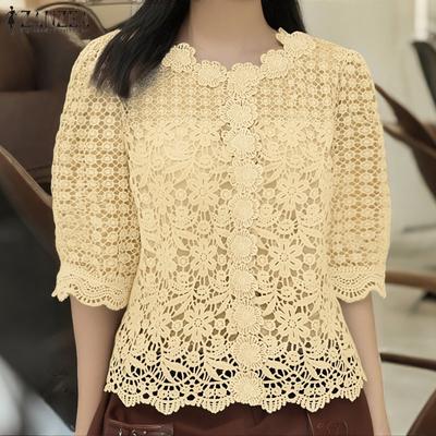 Women Casual Hollow Crochet Patchwork Loose 3/4 Sleeve Blouse