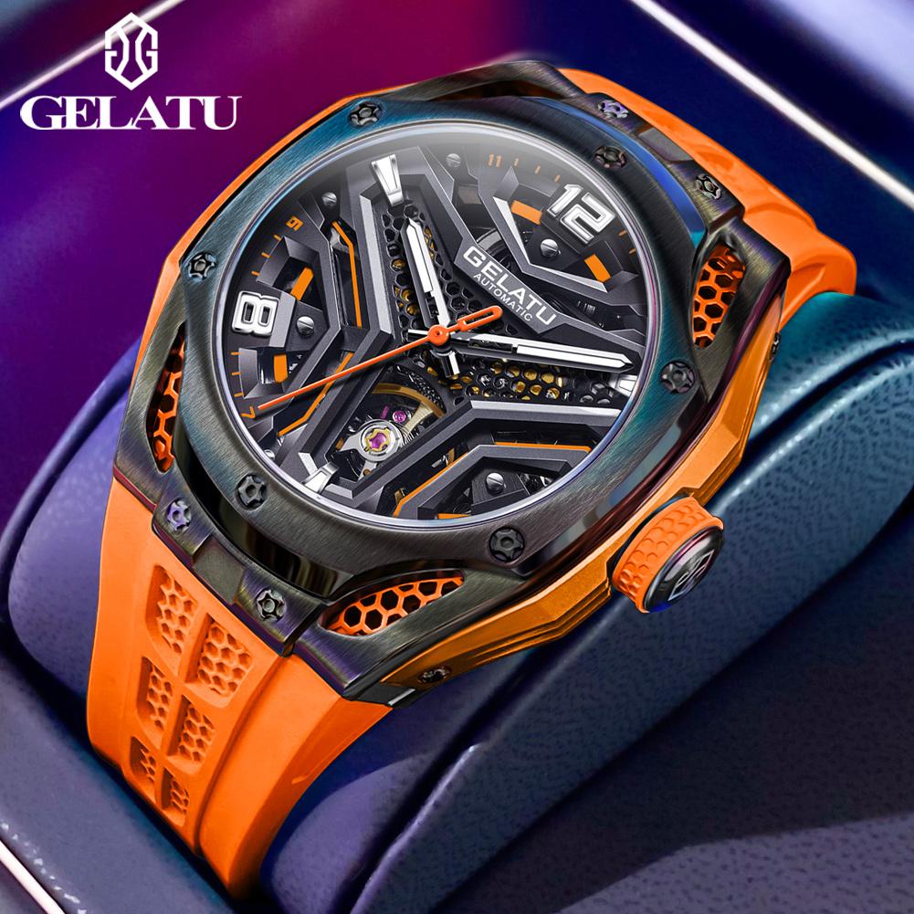GELATU 6007 Skeleton Automatic Watches for Men Fashion Silicone Strap Hollow Waterproof Luminous Men's Mechanical Wristwatches