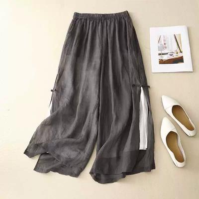 Damen Sommer Literarisch Lässig Weitbein Hose Seitenschlitz Bequem Tellerknopf Hose