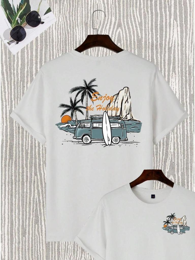 Fashionable mens summer new car and mountain print micro elastic breathable round neck Tshirt outdoor vacation casual top