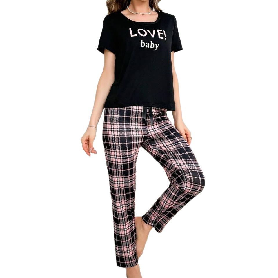 Letter Print Short-sleeved Plaid Trousers Loungewear Suit Women