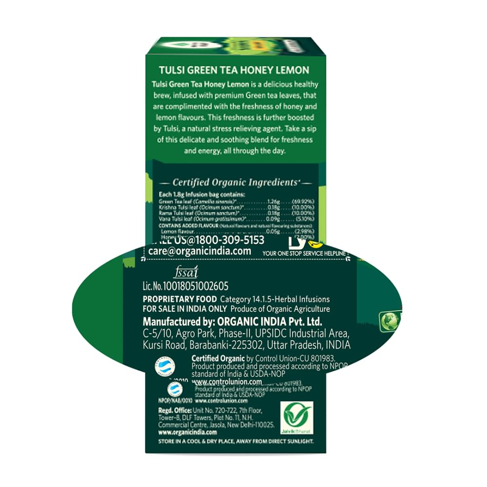 Organic India Tulsi Green Tea Honey Lemon 100 Teabags Pack Of 1 For Refreshing Aroma And Daily Wellness Support