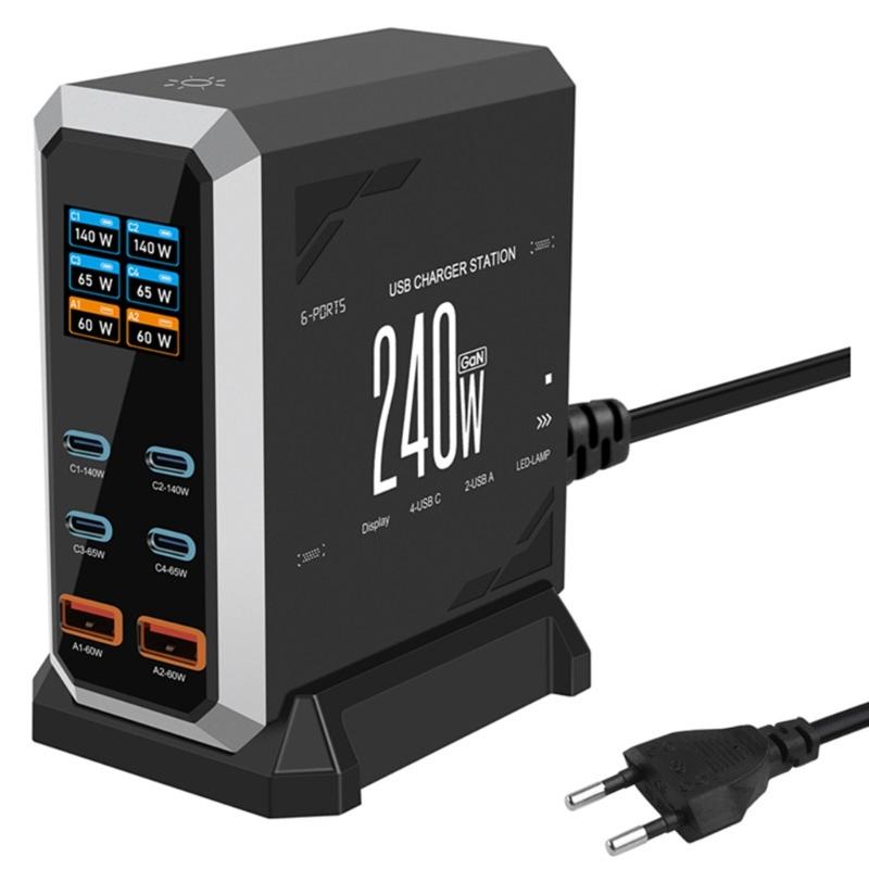 

240W Charging Adapter 6 in 1 140W USB Type C Digital Display Fast Charging Station for Mobile Phone Laptop Electronics