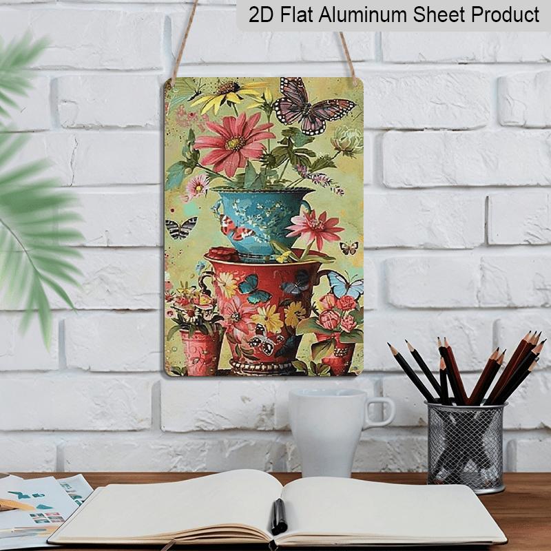 2D Flat Vintage Metal Wall Sign Suitable for Home, Office, Bar, Cafe - Rustic Aluminium Floral & Butterfly Film Carved Panel, 8x12 Inch