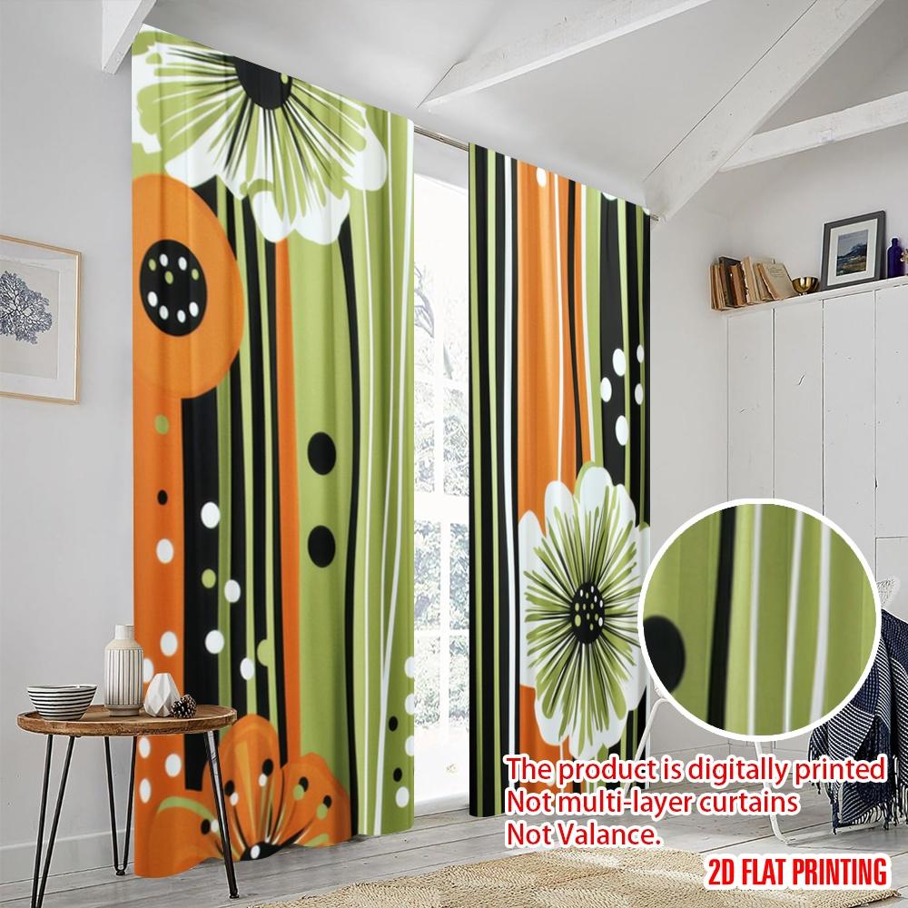 2pcs,2D plane printing Curtains Digital Printed Floral Stripes Polyester Fabric (without rod) Festive Ldeal for Bedroom, Living