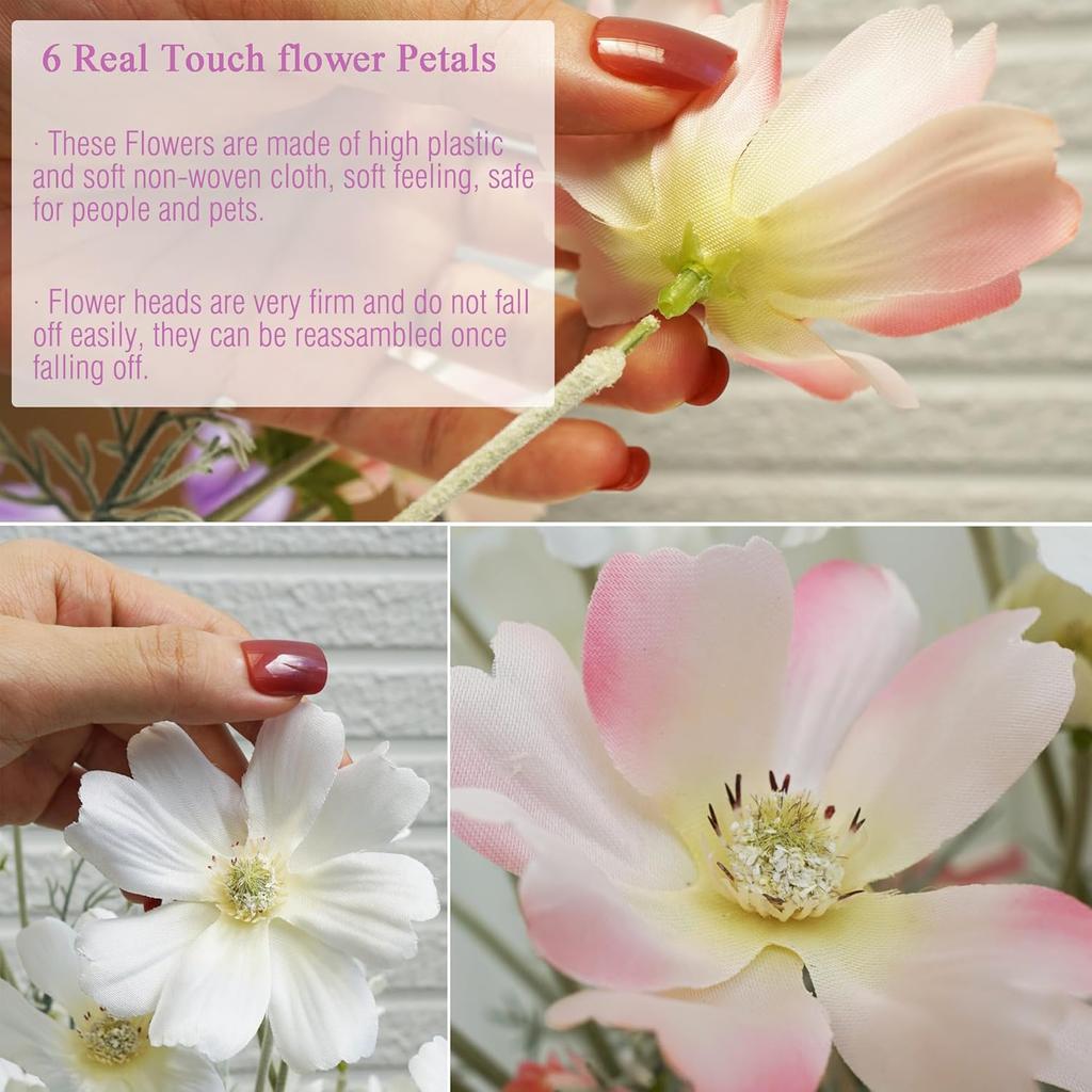 12PCS Artificial Light Pink & White Flowers with Stems 60cm Long Stem Artificial Wildflowers Faux Cosmos Flowers for Vase Plastic Flowers Floral