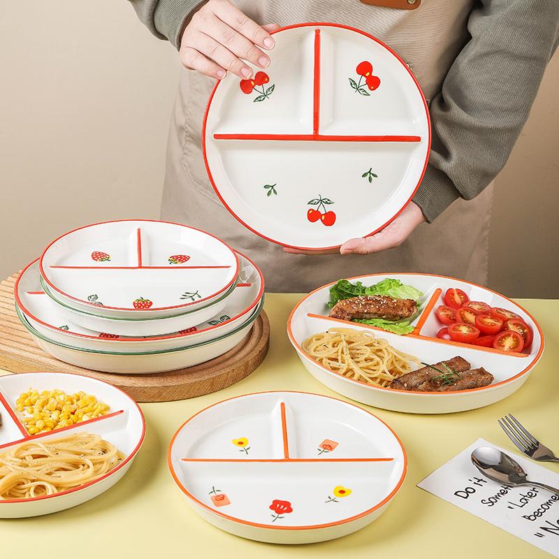1person Family Breakfast Plate Fat-reducing Quantitative Divider Plates Ceramic Dinner Plate Hand Drawn Three Grid Plates