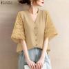 ZANZEA Women Casual V-Neck Loose Lace Splice 3/4 Sleeve Blouse