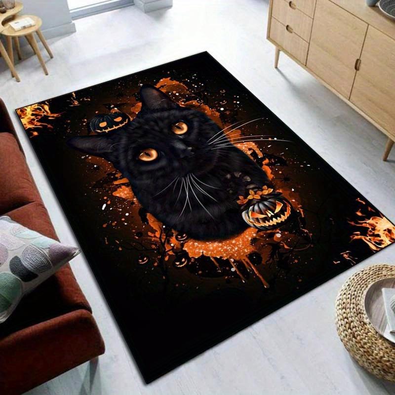 Halloween Cat Rug Spooky Black Cat with Pumpkin Design for Festive Home Decor  Halloween Themed Carpets Skid resistant carpet