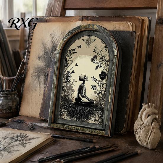 Vintage Halloween Wall Hanging Arched Wooden Decor, Ghost Cat Double-Layer Ornament, Distressed Gothic Rustic Table Decor Tabletop Plaque, Spooky Home