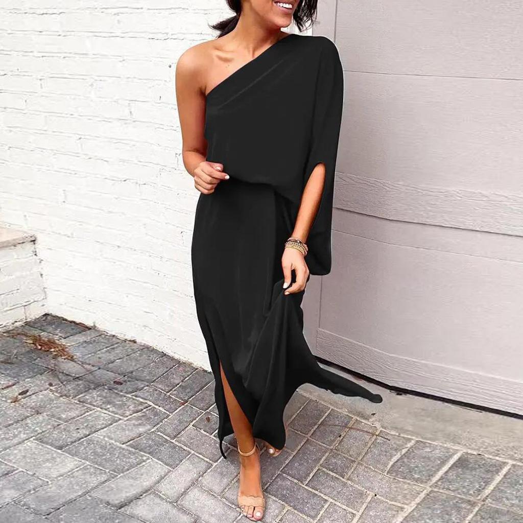 Women's Fashion Sexy One Shoulder Slit Hem Floral Short Sleeve Loose Casual Dress