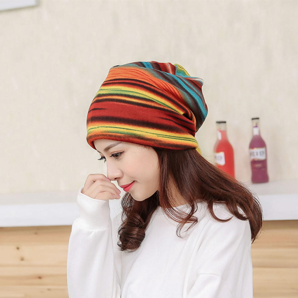 Women Stripe Hat Ruffle  Hat  Scarf  Collar Turban Head Wrap Cap