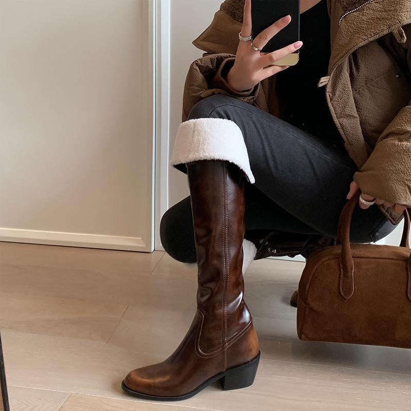 

2025 Новые Сексуальные Сапоги-чулки из Премиальной Коровьей Кожи, Сапоги Выше Колена, Длинные Сапоги с Заостренным Носком и Средним Каблуком, Боковая Молния, Полностью Кожаные Женские Сапоги 40 custom