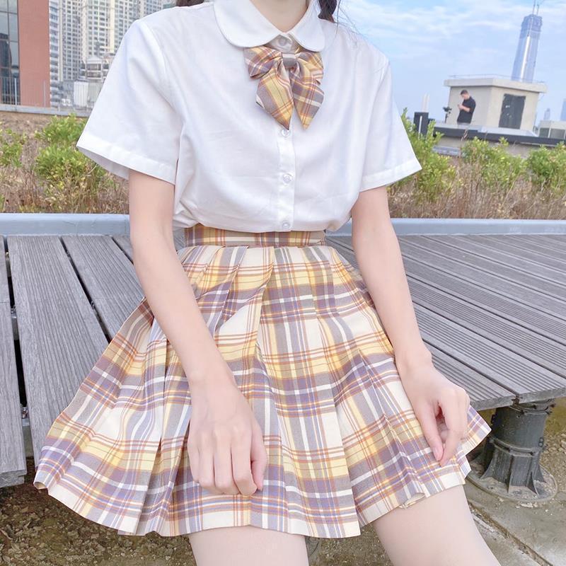 Yamabuki JK Academy Style Female Student Uniform: White Shirt & Pleated Plaid Midi Skirt Set