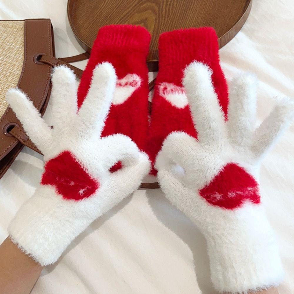 Plush Warm Gloves Love Heart Full Finger Mittens Warm Women Gloves Women