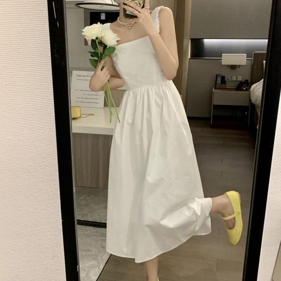 Čtvercový výstřih Bez rukávů Jednobarevné Zúžené v pase Letní šaty Sladké Elastický ramenní popruh Rozšířený velký lem Šaty na ramínka Streetwear