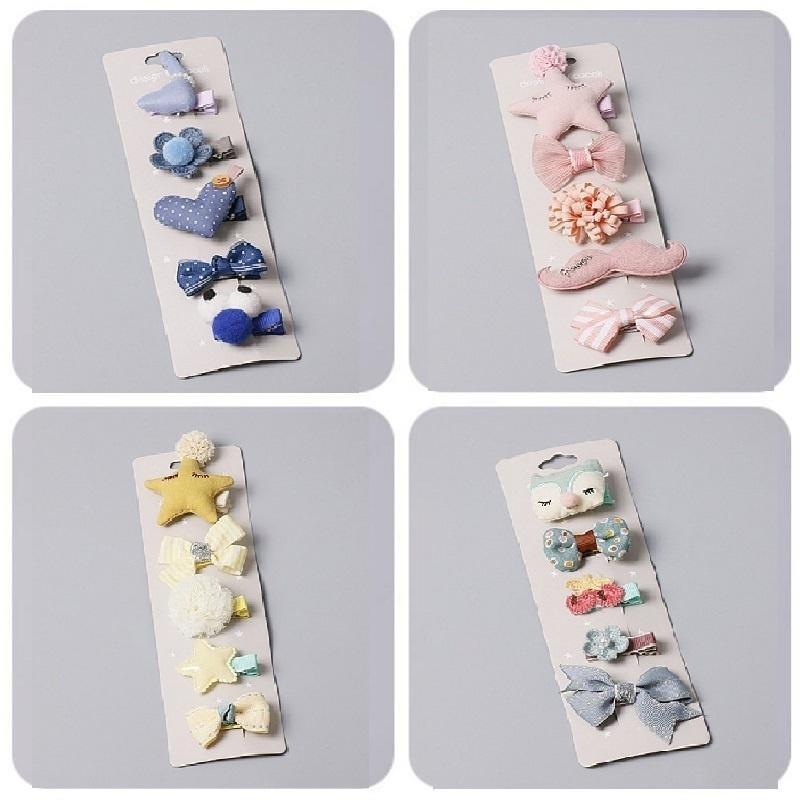 Set of 5 Pcs Girls' Fabric Heart Star Hair Clips Set Flower Hairpin Bow Children's Hair Accessories