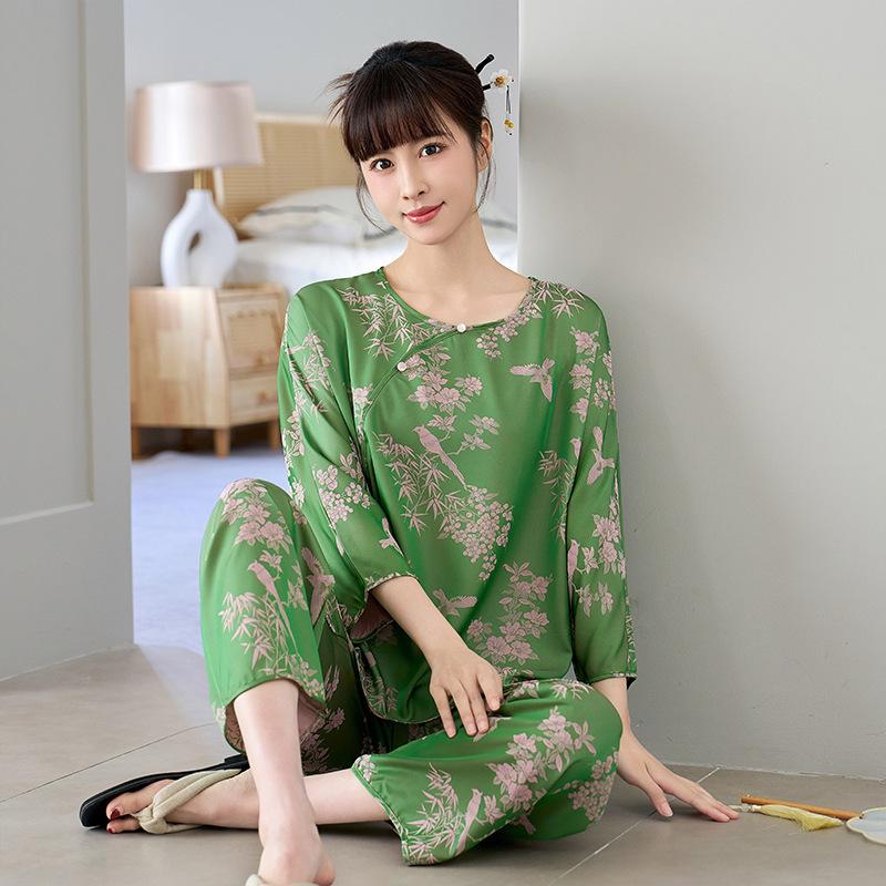 New Chinese national style suit cationic jacquard ice silk pajamas women's spring and summer silk satin pullover homewear
