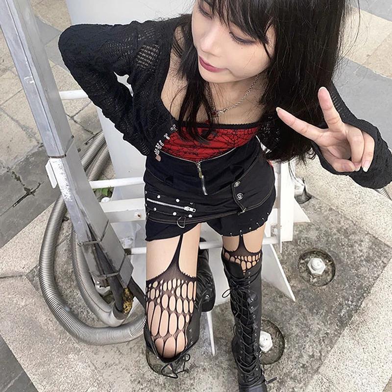 Japanse Harajuku Hollow Netkousen Stocking Panty Vrouwen Mode Hollow Out Black JK Gothic Full Body Netkousen Stockings Panty