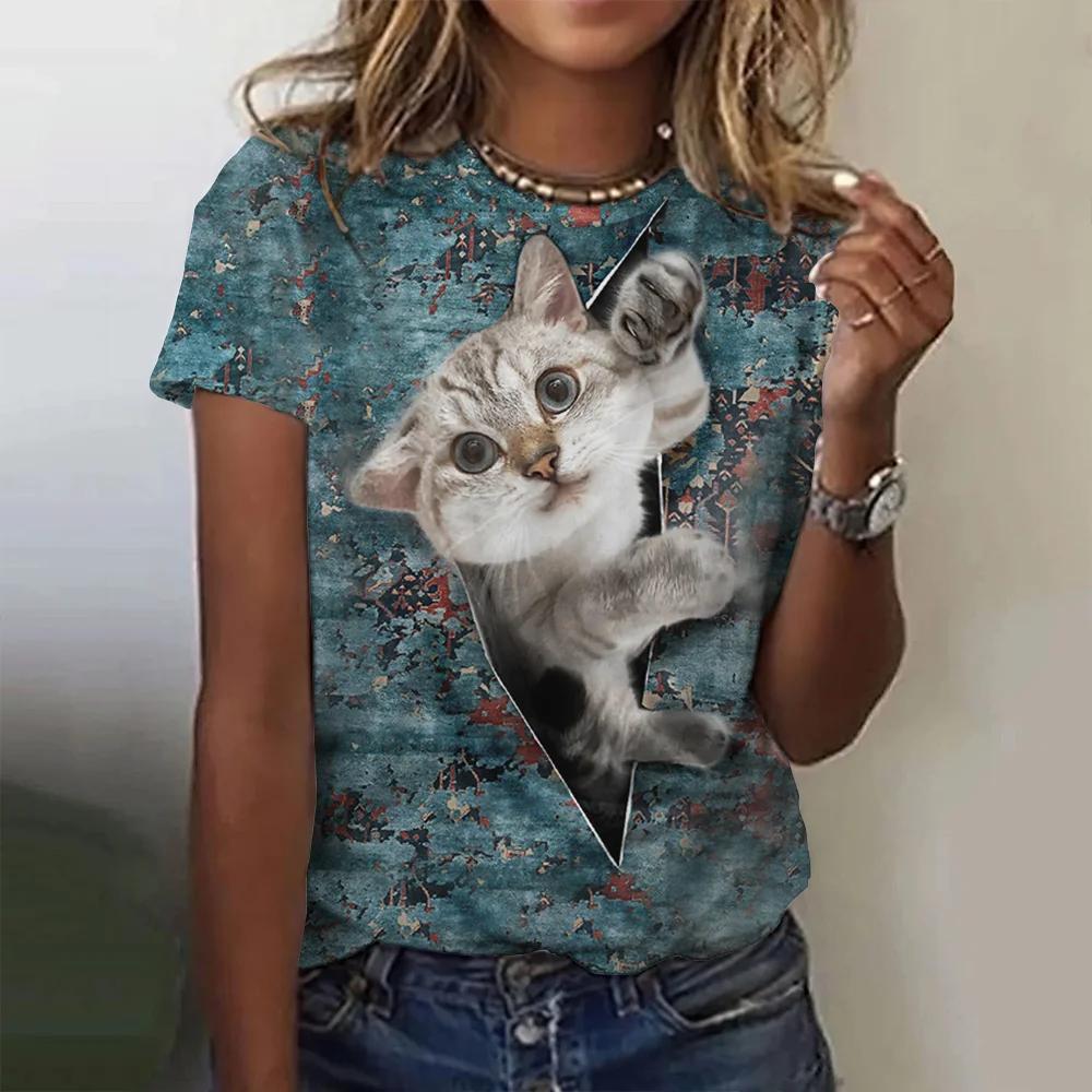 Women's 3d cute cat pattern printed T-shirt summer fashion popular clothing casual daily wear