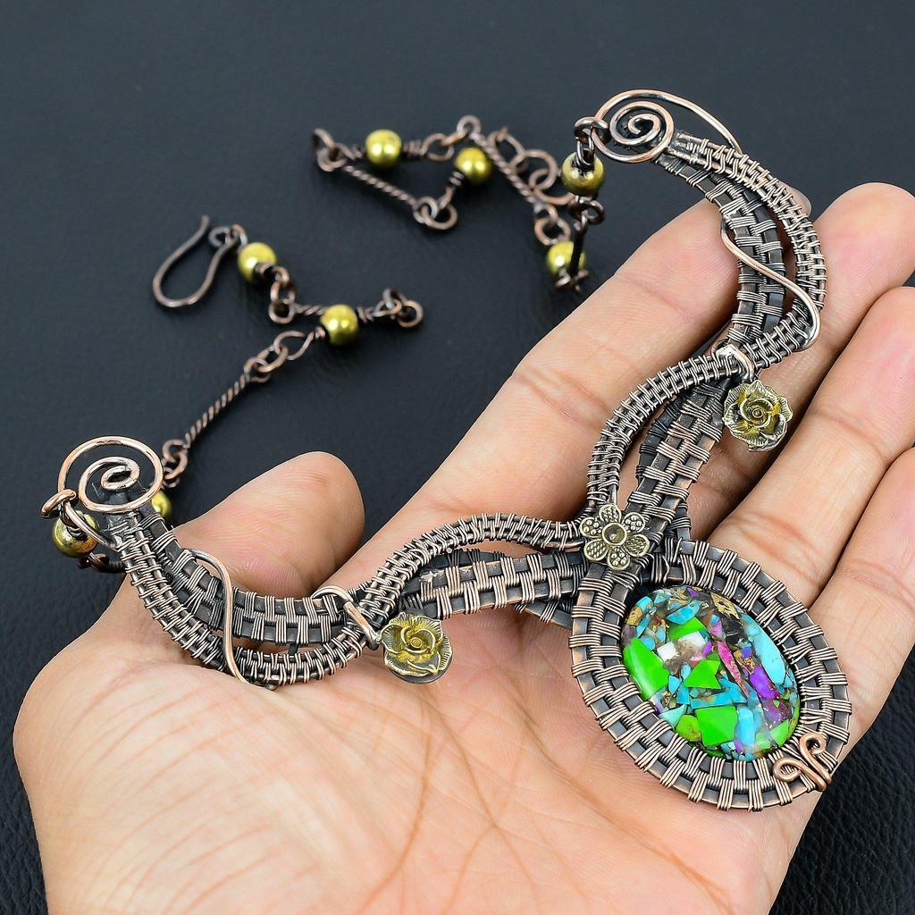 Kingman Fiesta Turquoise Handmade Gemstone Necklace, 999 Copper Wire Wrapped Necklace Antique Jewelry, For Engagement Gift