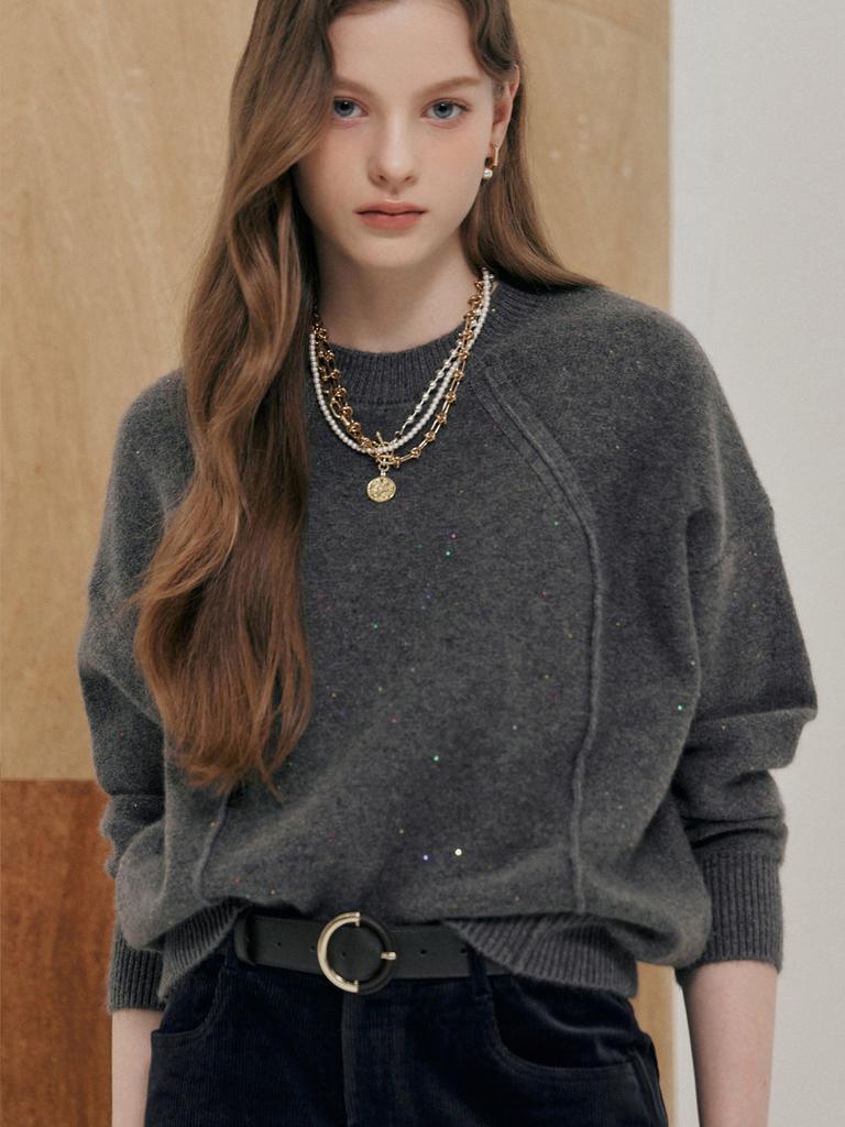 MAXZA Color Sequin Mix Raglan Round Neck Knit