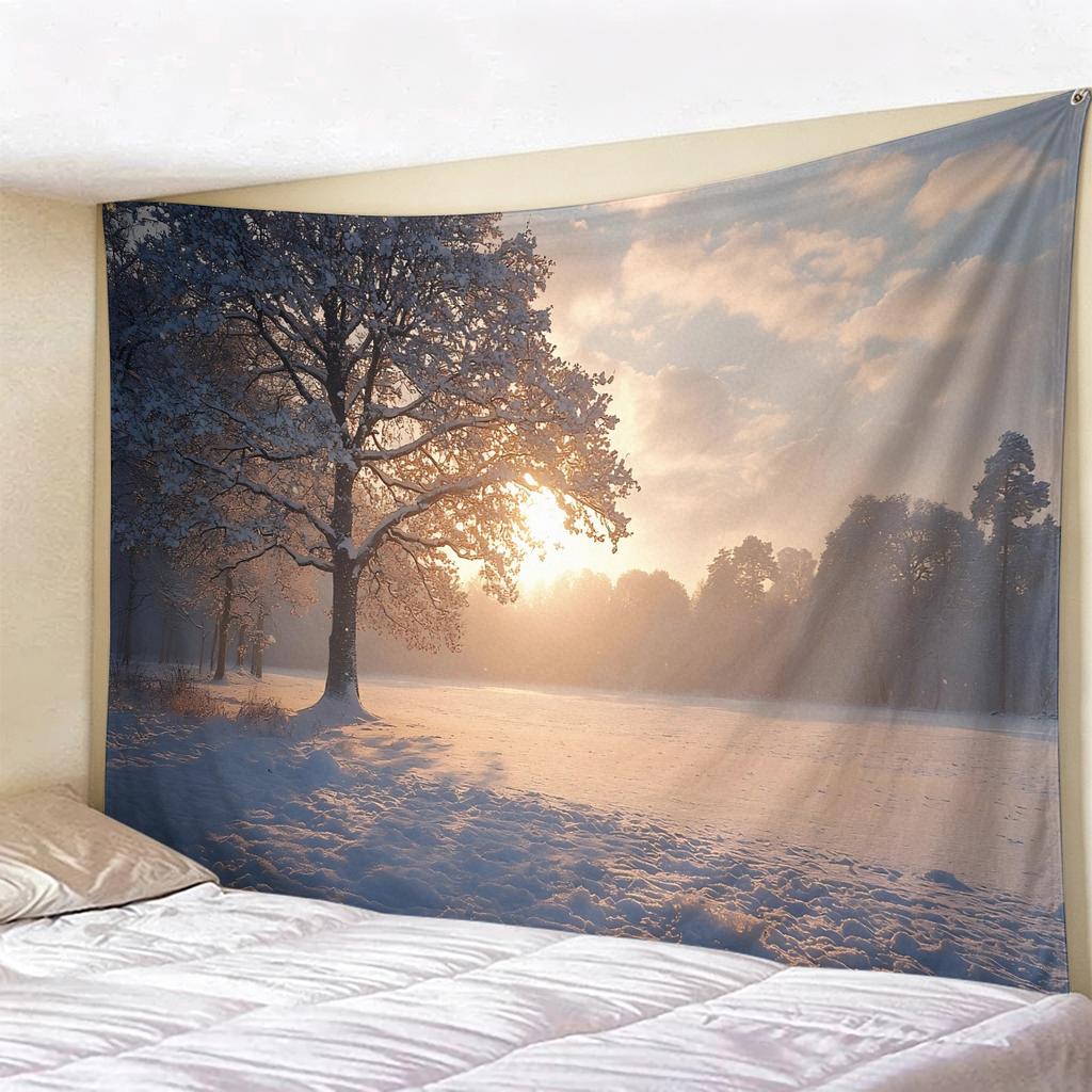 Blue Winter Forest Christmas Tapestry, Snow-Covered Pine Trees Wall Hanging, Aesthetic Holiday Backdrop for Bedroom Decor