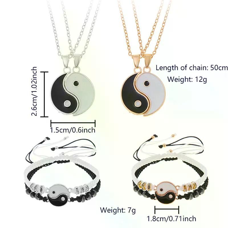 2 bucăți Tai Chi Yin Yang cuplu brățări coliere set pandantiv ajustabil împletitură lant brățară asortat brățări iubit choker
