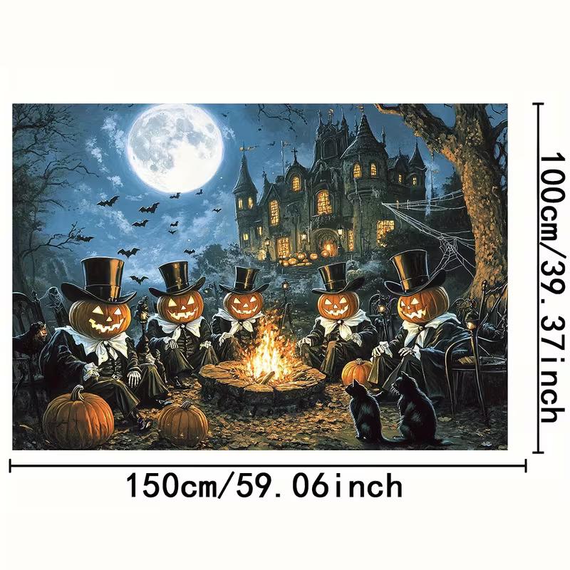 2D Halloween Themed Backdrop, Pumpkin Head Gentlemen Haunted Mansion Party Decor