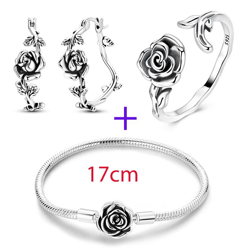 Original 925 Sterling Silver Thorny Rose Earrings Ring Bracelet Set For Women Fashion Personalized Black Rose Jewelry Gift