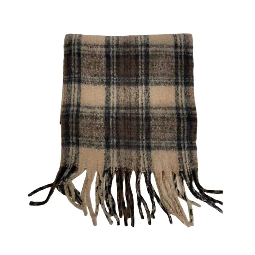 Vintage Winter Warm Cashmere Long Scarf Brown Soft Long Tassel Scarves Plaid Thickened Thickened Warm Shawl Wrap Women Girls