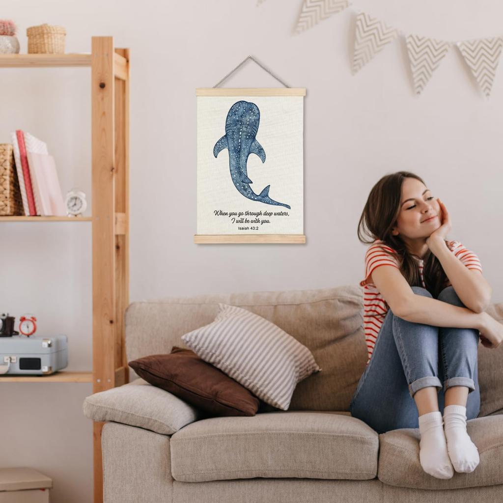 JINYO Whale Shark Christian Wall Art Poster, Bible Verses Wall Decor, Isaiah 43:2 Bible Scripture Canvas Prints Wall Decor for Bedroom Living Room