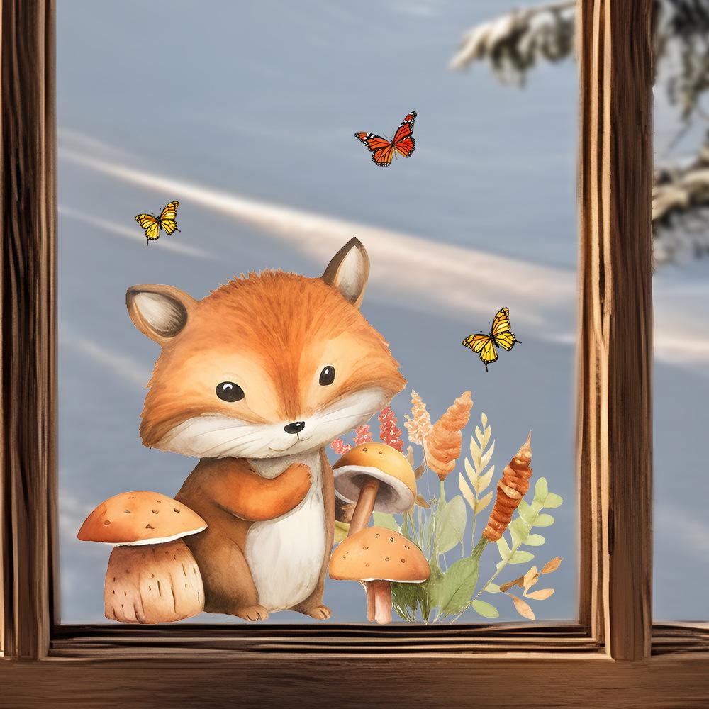 Watercolor Fox and Mushroom Window Stickers, Self-Adhesive Removable Forest Theme Decor for Glass Windows Doors