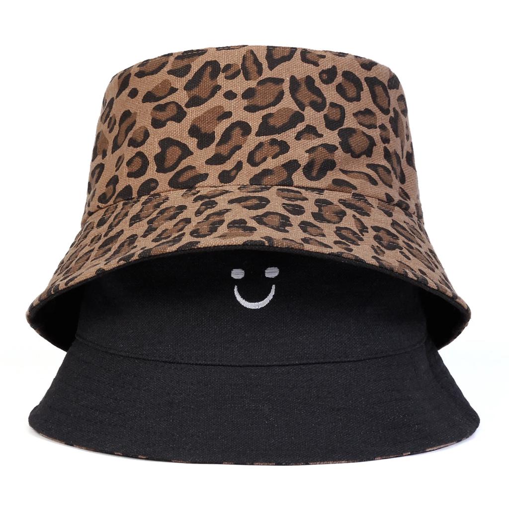 Unisex Smiling Leopard Print Double-Sided Bucket Hats Fishermen Caps Outdoor Casual Cap Sunscreen Hat