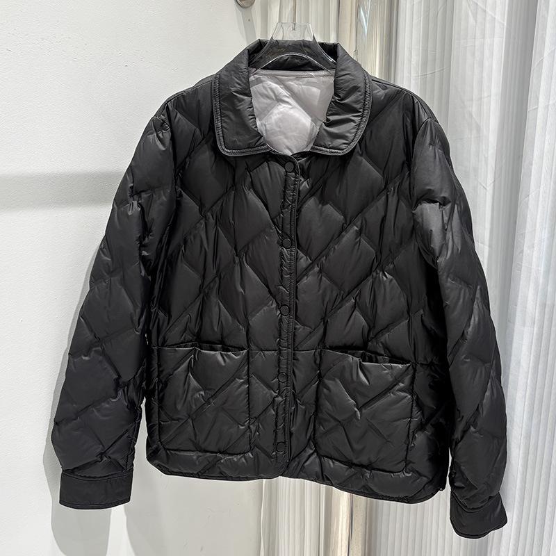 Autumn and Winter Small Lapel Collar Fashion Rhombus Grid Pressed Glue Short Double-sided Wear White Duck Down Jacket Women's Winter Coat
