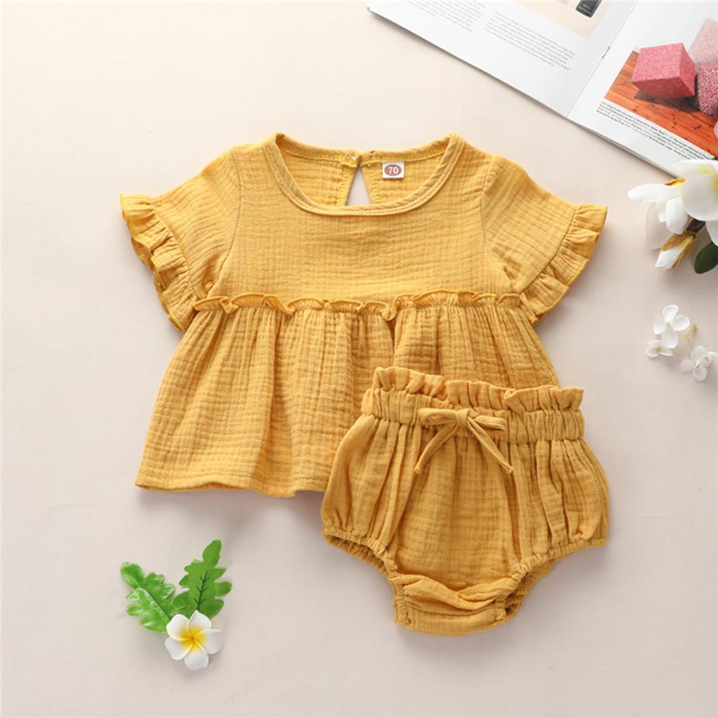 Neugeborenen Baby Mädchen Sommer Rüschen Baumwolle Leinen Solide Tops + Shorts Outfits