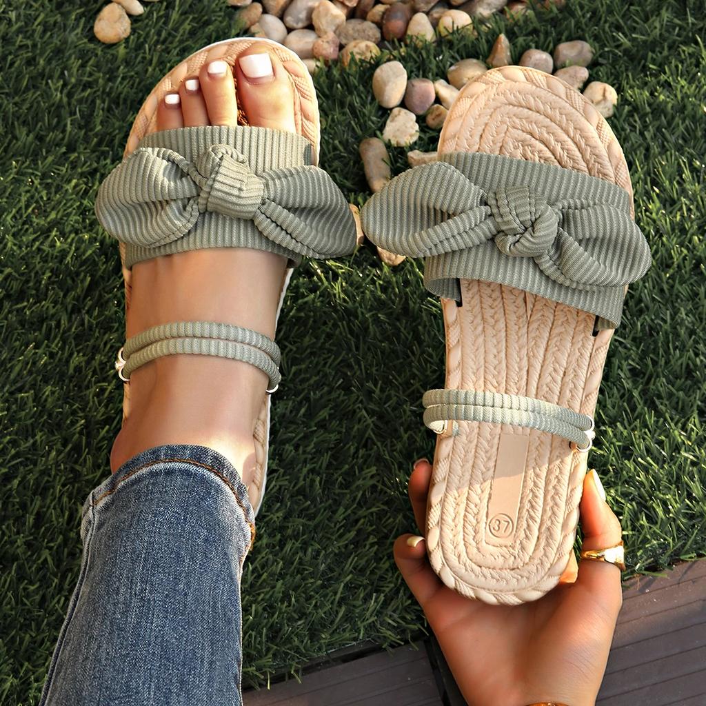 Fashion Fashion Corduroy Bow Flat Sandals Women Lightweight Non Slip Outdoor Slippers Woman 2025 Summer Casual Soft Sole Beach Sandals