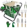 10Pcs Gardening Tool Set Folding Stool Storage Tote Bag Stainless Steel Wooden Handle Planting Weeding Yard Kit