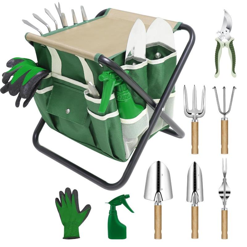 10Pcs Gardening Tool Set Folding Stool Storage Tote Bag Stainless Steel Wooden Handle Planting Weeding Yard Kit
