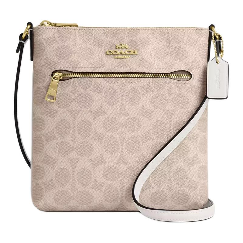 Coach Rowan 21 Gold Logo Zip Closure Coated Canvas Crossbody Bag Small Women's Sand